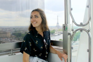 Ellen overlooking the Eiffel Tower from the Roue de Paris