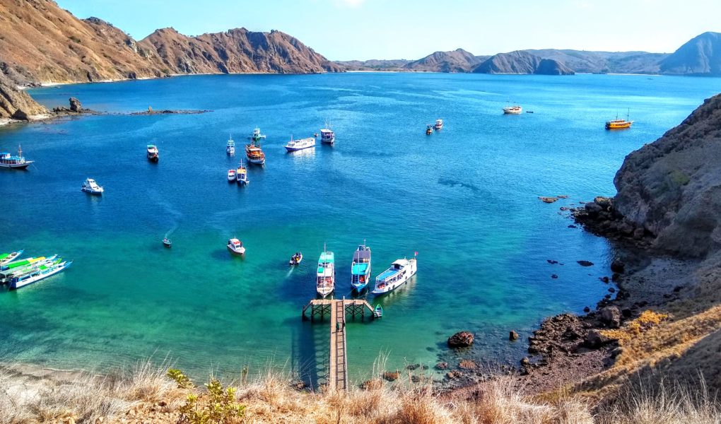 Boats docking at Padar Island in Komodo National Park of Labuan Bajo, Flores, Indonesia