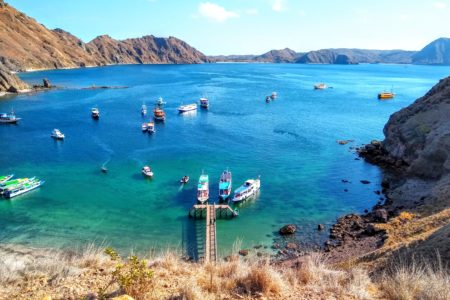 Padar Island Pier Boats docking at Padar Island in Komodo National Park of Labuan Bajo, Flores, Indonesia