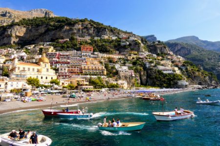 The Amalfi Coast View of the Amalfi Coast by boat, for Ellen Blazer's travel blog To Travel and Bloom