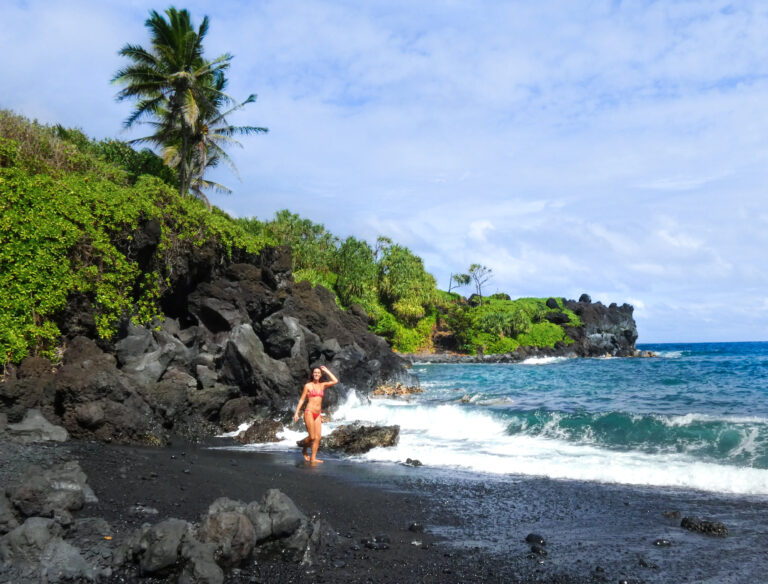 Traveling to Maui during COVID may not be what you expect! Ellen at a Black Sand Beach 768x584 - Traveling to Maui during COVID may not be what you expect!